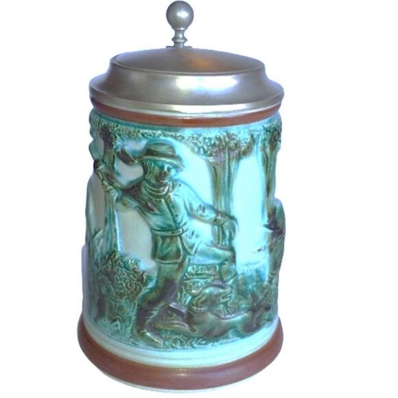 Vintage German Beer Stein Blue Green Glaze Hunter after Deer Hinged Pewter Lid - Picture 7 of 9
